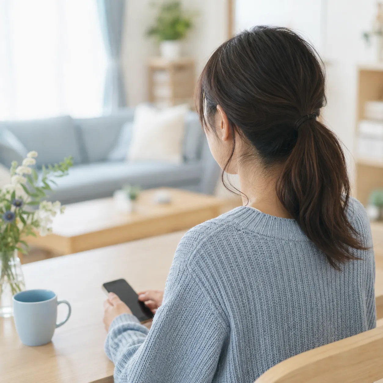 日立市在住・30代の主婦。自宅のデスクで配信の準備をしている後ろ姿